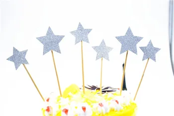 6pcs Gümüş Glitter Set Pasta Topper Özelleştirilebilir Cupcake Süslemeleri Düğün Bebek Doğum günü Parti Malzemeleri Set Yıldız