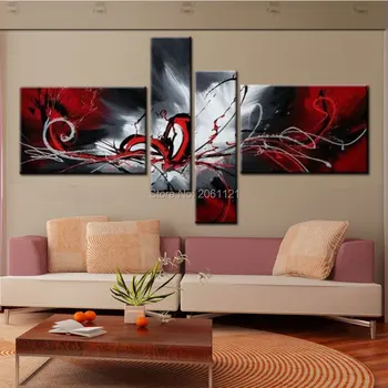 Modern Soyut cnavas yağlı boya el Siyah Beyaz ve Kırmızı Duvar Sanatı Ev Dekoratif Resim 4 Paneller boyalı Tuval Sanat