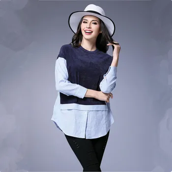 2017 Kadın Artı Boyutu Uzun Kollu Bluz Moda Kırkyama Yanlış İki Parça Şerit Üstleri Kadın İlkbahar ve Sonbahar Giyim L-4XL