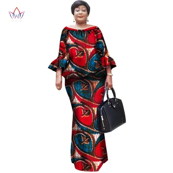 Kadınlar Bazin Riche için BRW African Balmumu Baskı Etek Setleri Artı Boyutu Geleneksel Afrika Giyim Dashiki İki Parça Etek WY1098 Ayarlayın