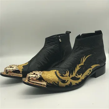 Mabaiwan Ejderha Nakış Erkek Hakiki Deri Ayak Bileği Çizmeler Metal Ayak Kovboy Çizmeleri Sivri Yüksek Askeri Üst Kauçuk Ayakkabı Tenis