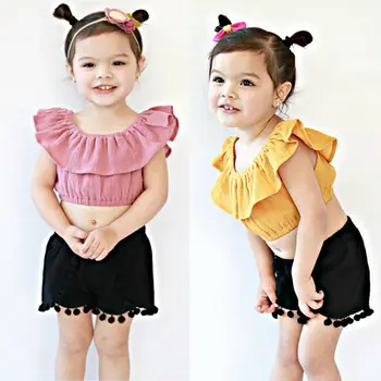 Yürümeye başlayan Çocuk Kız bebek Kıyafeti Çocuklar Pamuk +2 adet Yazlık Giysiler 2 Set Sunsuit Kısa Pantolon Püsküllü Bluz Ürün Üst Katlar-526Y Set