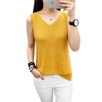 Yaz Kadın Tankı Üstleri V Yaka Keten Örme Yelek T-shirt Moda Gevşek Düz Renk Artı Boyutu Üstleri Kadın Yelek YP0748 Malzemelerini
