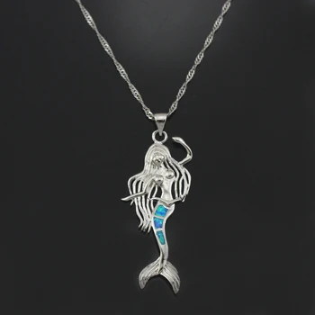 HANZHOWEEL 925 Gümüş Kolye Takılar Kadın Takıları Seksi Hediye İçin Denizkızı Şeklinde Mavi Ateş Opal Kolye Zincir Kolye