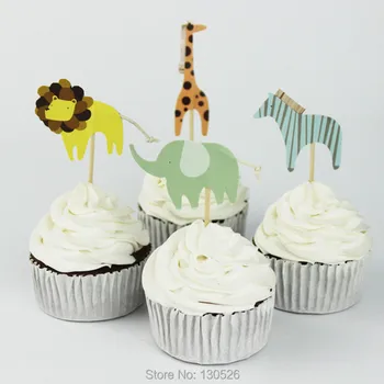 A4/çok Hayvanat Bahçesi Tema zürafa, fil, aslan, zebra kek eklenen kart Cupcake Cupcake Topper Pape Şenlikli Parti Malzemeleri Seçer