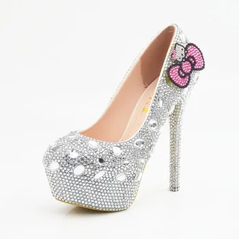 Hello Kitty Gümüş Yapay Elmas Gelin Düğün Ayakkabıları Graudation Parti Balo Yüksek Topuk Ayakkabı Pompaları, Resmi Elbise Artı Boyutu
