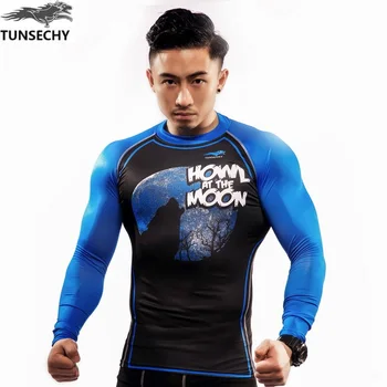 T-Açık spor fitness sürme gömlek TUNSECHY marka siyah desen baskı erkekler uzun T-shirt moda T-shirt kol üstleri