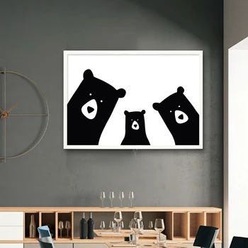 Sevimli Ayı Ailesi Hayvan Boyama Siyah Beyaz Karikatür Poster Baskı İskandinav Duvar Resim Sanatı Kreş Çocuk Odası Ev Dekor Tuval