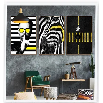 Sarı Güneş Gözlüğü Siyah Zebra Resim İle Modern Bir Adam Poster Özelleştirme Basit Üçlü Oturma Odası Bar Dekor Boyalı