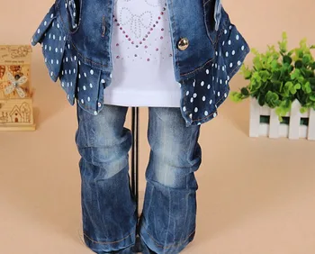 Yeni bahar kız dantel yamalı kot ceket+t shirt+kot giyim seç: bebek kız doğum günü sıradan çocuk giyim set setleri