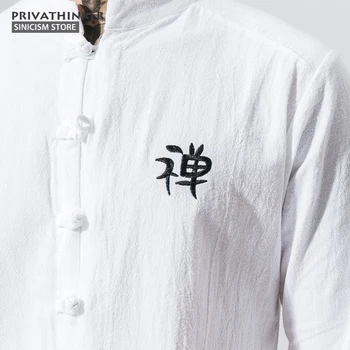 Sinicism Deposu Pamuk Keten Nakış Gömlek Erkekler Uzun Gömlek Zen Budizm Çin Geleneksel Kıyafetleri Erkek Gömleği Kol Düğmesi