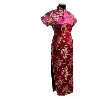Lacivert Çinli Kadınların Geleneksel Elbise Uzun İpek Saten Cheongsam Qipao Üst Artı Boyutu S M L XL XXL XXXL 4XL 5XL 6XL JS0016