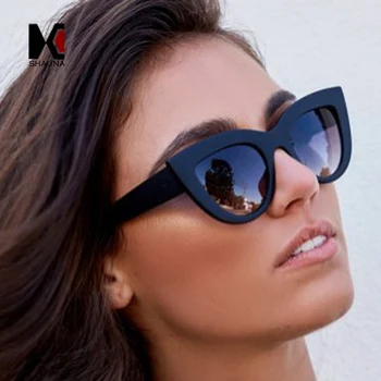 SHAUNA Klasik Kadın Kedi Gözü güneş Gözlüğü Retro Gözlük Siyah Çerçeve Mavi Yansıtıcı Lens Bayanlar