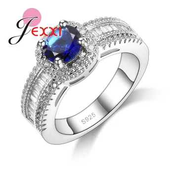 JEXXİ S925 Sade Yuvarlak Gümüş Yüzük Moda Damgalı Mavi Kübik Zirkon Kristal Nişan Yüzüğünü Kadınlar Bantları