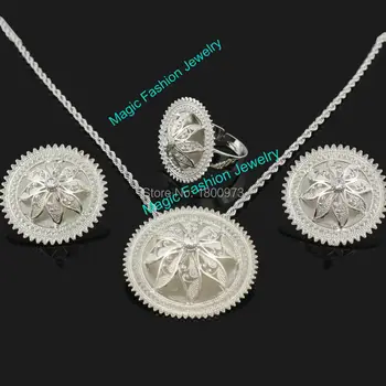 Yeni Etiyopya Kristal Kolye/Küpe/Yüzük/Kolye Takı Gümüş Takı Habesha 4 ADET Afrika Düğün Takı Setleri Kaplama