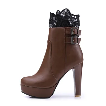Siyah Beyaz Kahverengi Ayakkabı Kadının asıl Niyeti Güzel Kadın ayak Bileği Dantel Yuvarlak Ayak Kare Topuklu Çizme 4-13 Boyutu BİZE Çizmeler