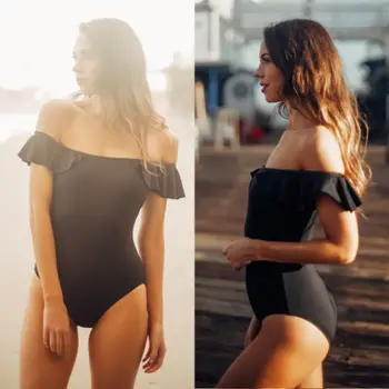 Hirigin 2018 Yeni Fırfır Saf Siyah Kadın Mayo Tek Parça Kadın Suimsuits Banyo Beachwear Paded Sutyen Seksi Kadın Yukarı İtin