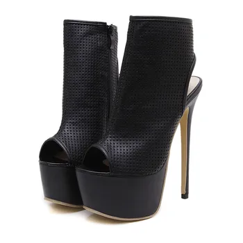 Kadınlar ayak Bileği Yaz Ayakkabı Siyah Parti Zip Bottes Kadın 16 cm topuklu ayakkabı burnu Açık Kama Pompaları Slingback yüksek topuklu Çizmeler DiJiGirls