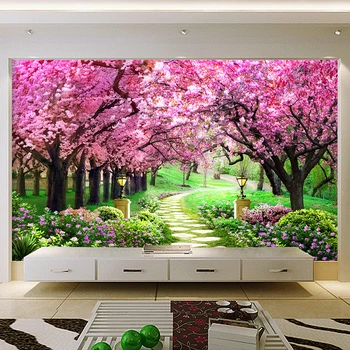 Özel 3D Fotoğraf Oturma Odası, Yatak Odası De Parede İçin Çiçek Romantik Kiraz Çiçeği Ağacı Küçük Yol Duvar Kağıtları Duvar Kağıdı