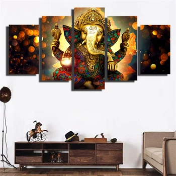 5 Panelleri Ganesha Duvar Sanatı Modüler Resmi Yazdırmak İçin Hindu Tanrıları Tuval Oturma Odası Duvar İçin Büyük Boy Ganesha Sanat Poster Resim