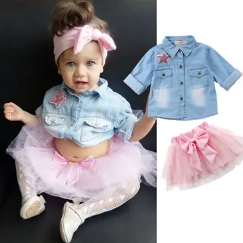 Yaz Bahar Çocuk Giyim 2018 Yeni Sevimli Çocuk Kız Bebek Denim Shirt+Tutu Yay Dantel Etek 2 adet Giysileri Bebek Giysileri Üstleri