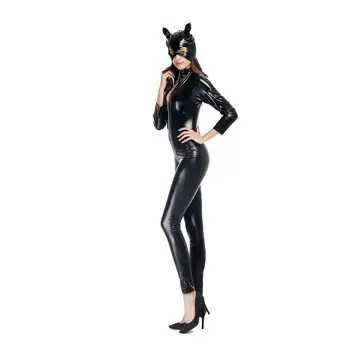 Adogirl Siyah Suni Deri Tam Boy Kadın Bodycon Gerçek Kedi Kadın Kostümü Giyim Seksi Kostüm Elbise