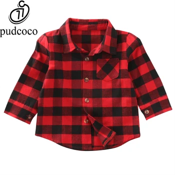 Pudcoco Bebek Erkek Ekose Gömlek Kız Çocuk Pamuk Ekose Gömlek Kırmızı Kareli Bluz Bebek Kız Sonbahar Başında Rahat Bluz Bebek