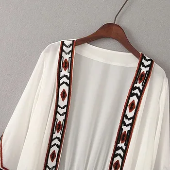 Cheshanf Moda Kadın Siyah beyaz renkli Geometrik Nakış Etnik Gömlek Hırka yaz güneş Kimono Bluz