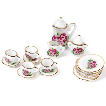 Dollhouse minyatür yiyecekler Çin seti'E 15 adet Porselen çay tabak bardak gül