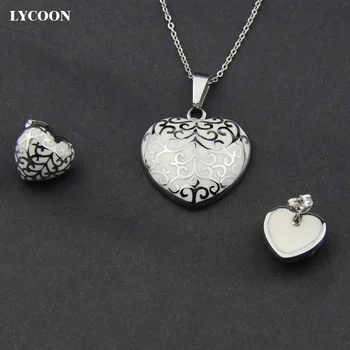 Siyah reçine kolye ile LYCOON yeni paslanmaz çelik kalp tarzı kalp küpe takı kadınlar için LYS010 set emaye