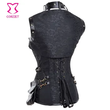 Steampunk Korse Overbust siyah Brokar Ceket ve Deri Elbise Vintage Burlesque Korse Bustiers ve Gotik Giyim Etek