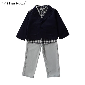Yilaku Çocuk Giyim Çocuk Kıyafet Çocuk Ekose Gömlek+Ceket+Pantolon Set 3 Adet Erkek Giysileri Bebek Bebek Erkek Kıyafetleri Belirler