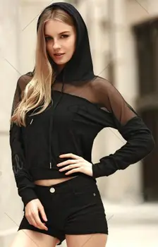 FJUN kadın t-shirt siyah dantel gömlek tam/uzun kollu t shirt t -kadınlar için gömlek sonbahar/bahar temel üst tees yeni varış kapşonlu