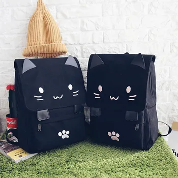 Sırt çantası Kadın Çanta Kedi Sevimli Sırt çantası Bookbag Baskı Sırt Gençler Kızlar Kitap Çanta Nakış için Büyük Siyah Okul çantası Tuval