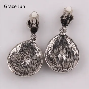 Grace Jun Vintage Gümüş Rhinestone Reçine Klip Küpe Kadın Moda Bohem Tarzı Delici Düğün Küpe Olmayan Kaplama