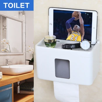 Ipad cep telefonu için raf ile düşünceli mutifunction banyo doku kutusu delme tuvalet kağıdı tutucu tuvalet kağıdı kutusu vs izle
