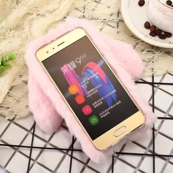 Huawei Honor 9 Sevimli Tavşan için Vonada Peluş Kürk Kılıf Kapak SMS ile Elmas Case Arka Kapak Yumuşak Mobil Phnoe Mücevherli Kulak