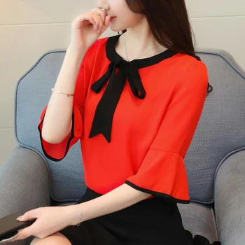 2018 yeni bahar moda katı ofis Bayan casual artı boyutu kadın üstleri kısa kollu bluz flare kol kadın D585 30 gömlek papyon