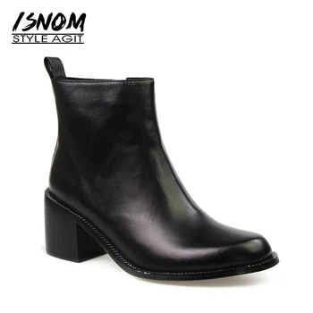 İSNOM 2018 Yeni Yüksek Kare Topuklu Ayakkabılar ayak Bileği Doğal Deri Kadın Bot, Bahar Yıldızı Sokak Fermuar Kadın Ayakkabı Bot