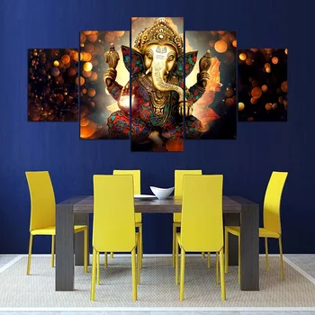 Tuval Oturma Odası Modern HD Basılı Manzara Resmi Duvar Sanatı Ev Dekorasyonu Çerçeve 5 Adet Ganesh Fil hortumu Tanrı Boyama