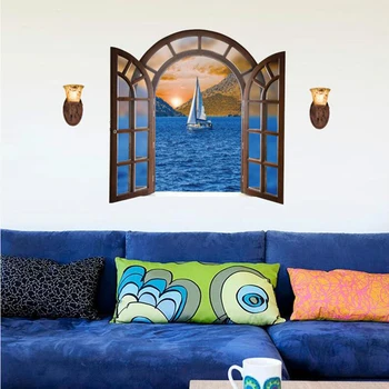 Duvarlar için 6 Stil Yeni 3D Deniz Manzara Penceresi Büyük Duvar Sticker Ev Dekorasyonu Oturma Odası Duvar Çıkartması Deniz Dekor Kalıpları