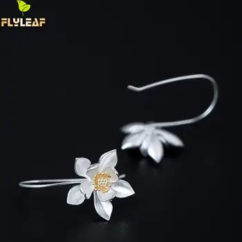 İlk Sayfaya Bir Şey %100 925 Ayar Gümüş Altın Rengi Büyük Lotus Kadınlar İçin Klasik Çin Tarzı Bayan Takı Damla Küpe Çiçeği