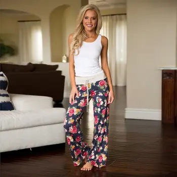 Uzun Pantolon Kadın İpli Geniş Bacak Gündelik Pantolon 2018 Yeni Baskılı Kemer Pamuk Giyim Pantolon Ev Tekstili Yüksek Bel Kadın