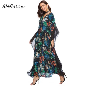 Kol Çiçek Baskı Rahat Maxi Plaj Batwing BHflutter 4XL Artı Boyutu Kadın Giyim 2018 Yeni Stil Uzun Yaz Elbise