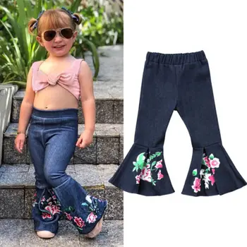 Moda Bebek Çocuk Bebek Kız Pantolon Paça Kot Pantolon Yüksek Bel, Geniş Paçalı Kot Pantolon Kızlar Çiçek Dipleri