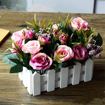 1 vazo Sahte Simülasyon İpek çiçek, bitki home dekor dekorasyon saksı Yapay Çiçek + Ahşap çitlerden