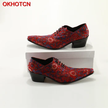 OKHOTCN Kırmızı Mavi Çiçekli Ayakkabıları Erkek Deri Erkek Akşam Parti İçin Gelinlik Ayakkabıları Sosyal Ayakkabı Sapato Ayak Dantel Sivri