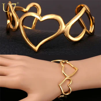 U7 Aşk Kalp H659 Hediye Aşk Kadınlar İçin Şık Altın/Gümüş Renk Moda Takı Romantik Cuff Bilezik Bilezik