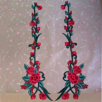 Ücretsiz kargo 59*17cm(1pair/lot)kırmızı çiçek yeşil yaprak yamalar Düğün Gelin Dantel yama Dikiş Nakış Dantel Aplike 16121204
