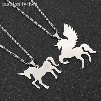 Moda liçi Yeni Varış Beyaz Unicorn Pegasus Paslanmaz Çelik Kolye Uzun Metal Zincir Unisex Takı Kolye
